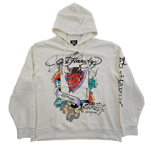 Ed Hardy Hoodie Men's XL Ivory Pullover Sweatshirt Devil Grunge Goth Skate NEW - Picture 1 of 16